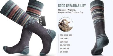 Merino Wool Ski Socks: Over-the-Calf, Non-Slip, 2-Pack
